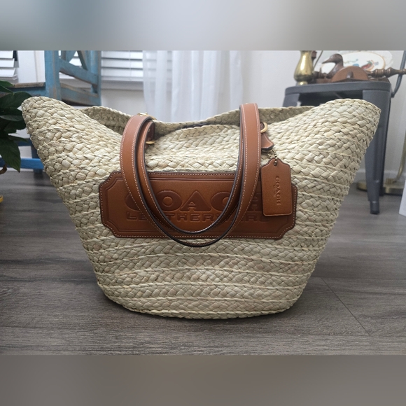 Coach Handbags - Coach Structured Straw Large Basket Tote Natural/Burnished Amber Cottagecore